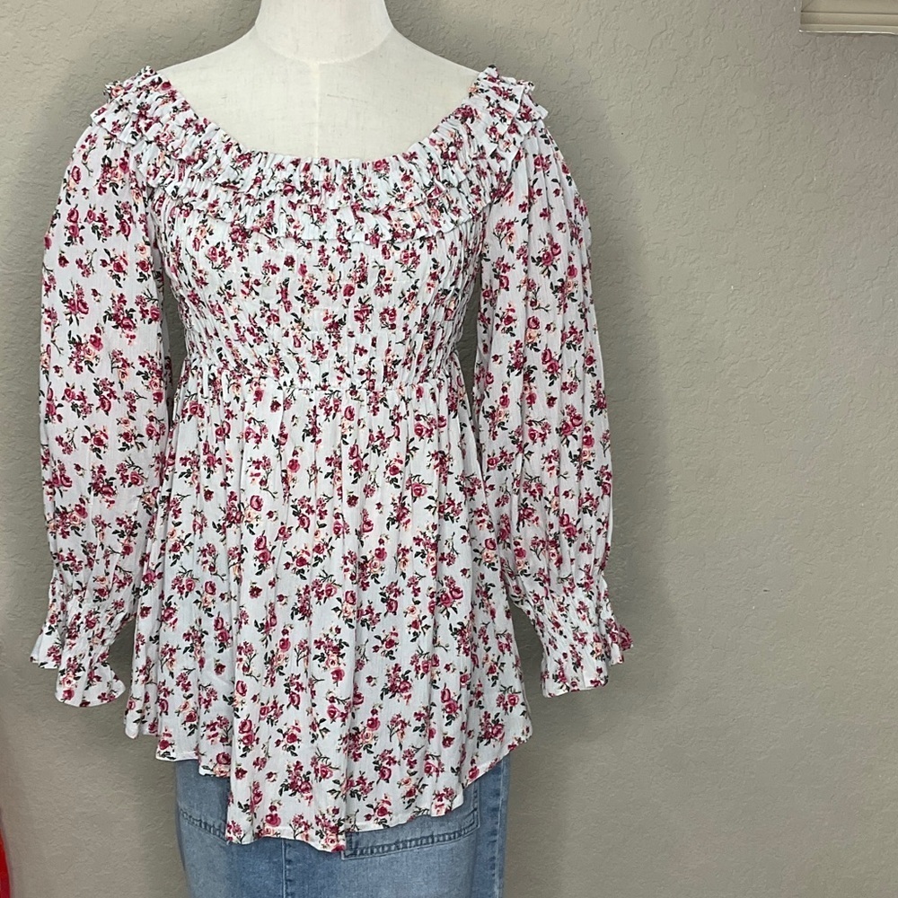 202 - Kori White Floral Blouse with Red and Pink Accents